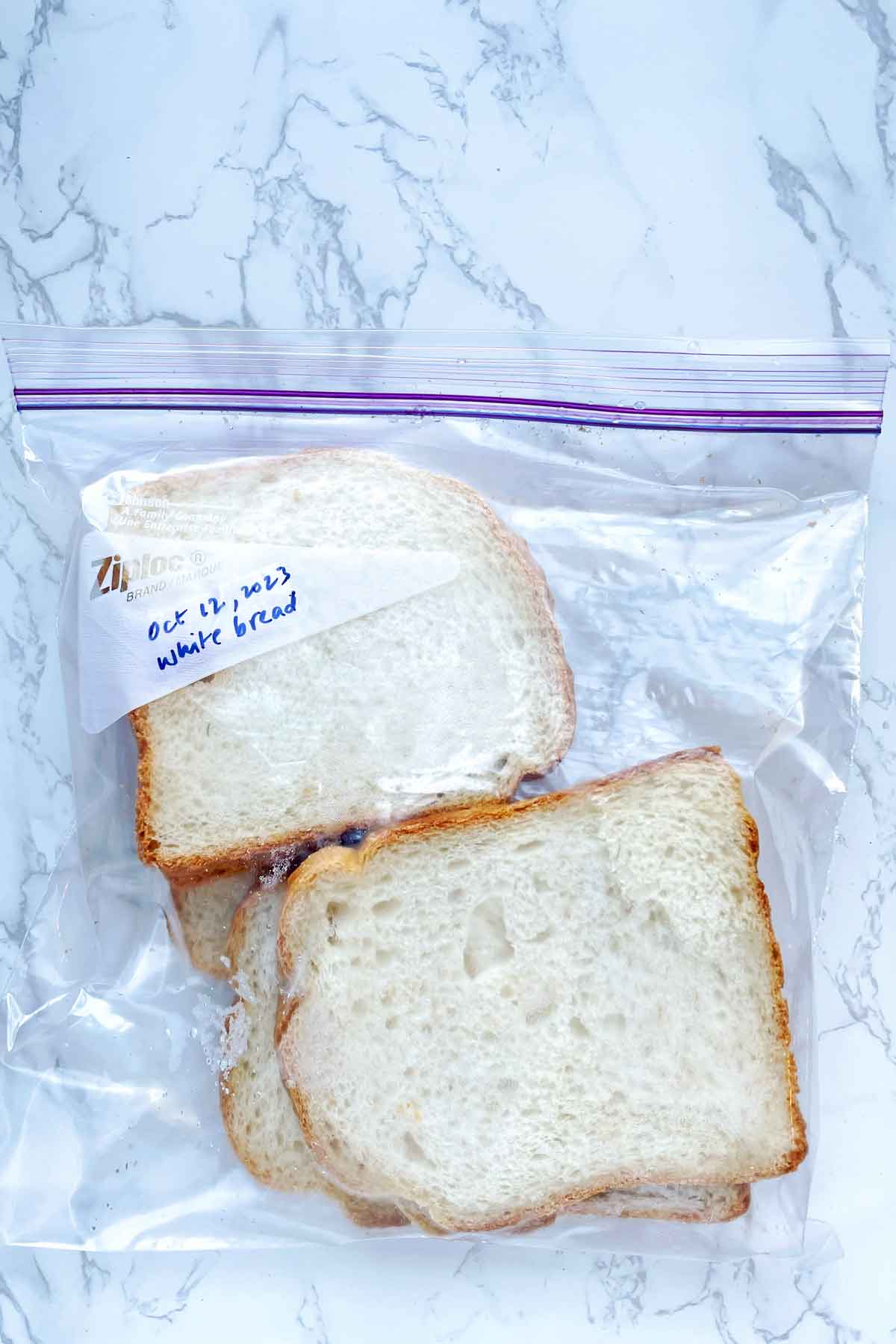 frozen bread slices in ziplock bag.