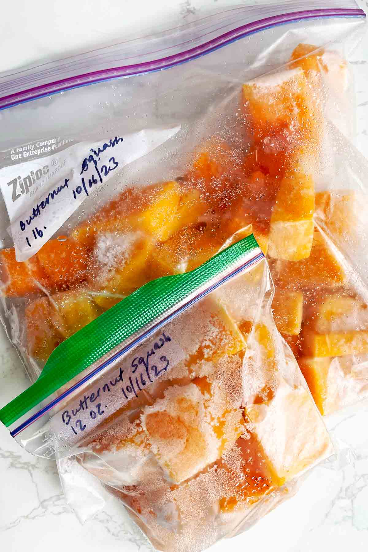 frozen butternut squash in ziplock bags.