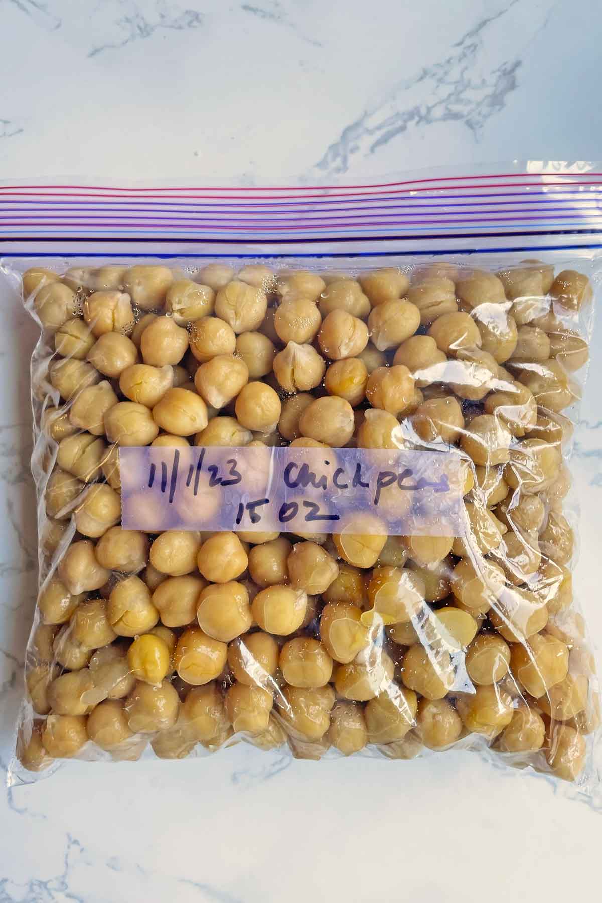 label chickpeas in ziplock bag with name, date, and size.