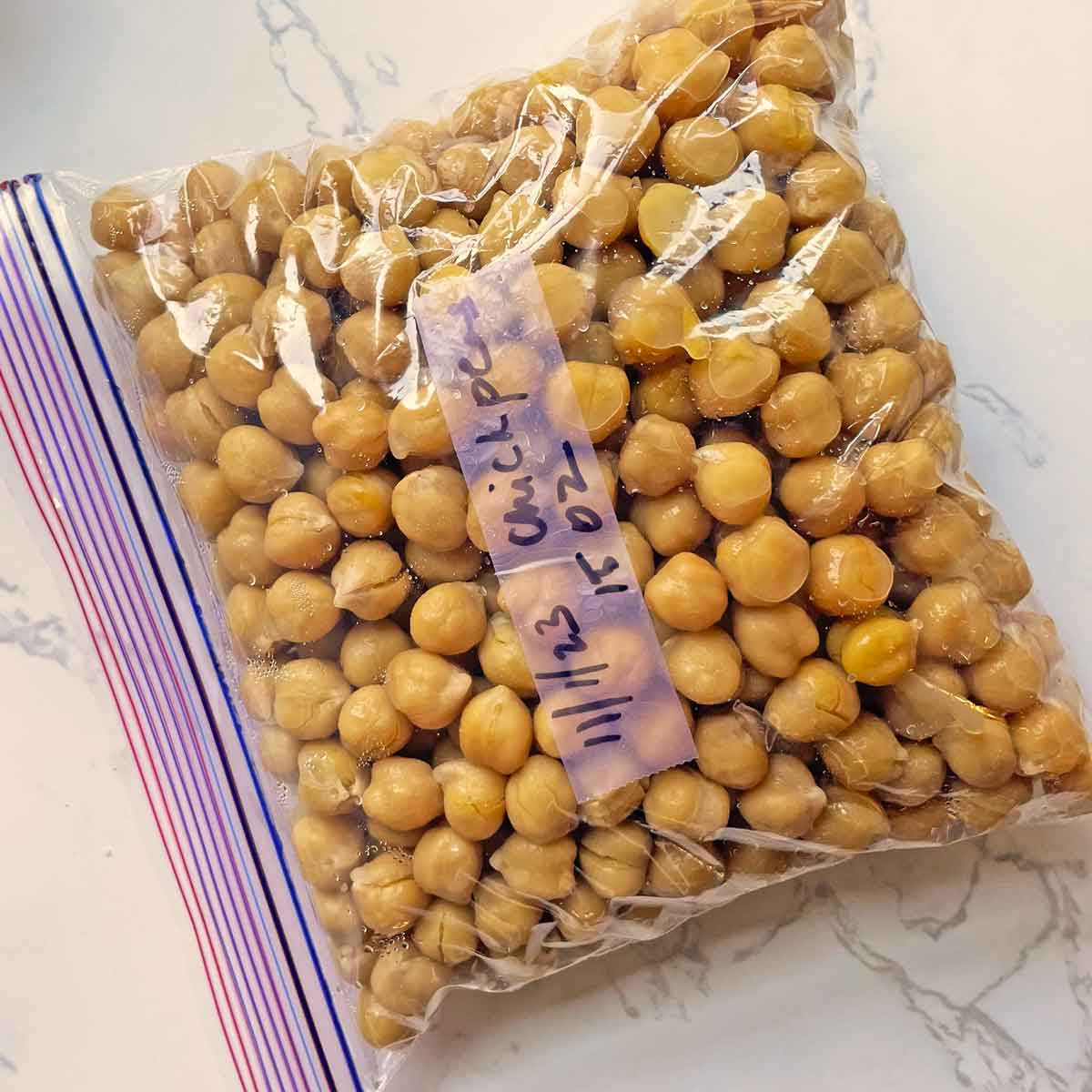 label chickpeas in ziplock bag with name, date, and size.