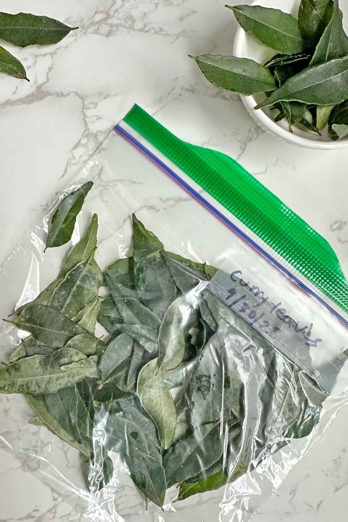 frozen curry leaves in a ziplock bag.