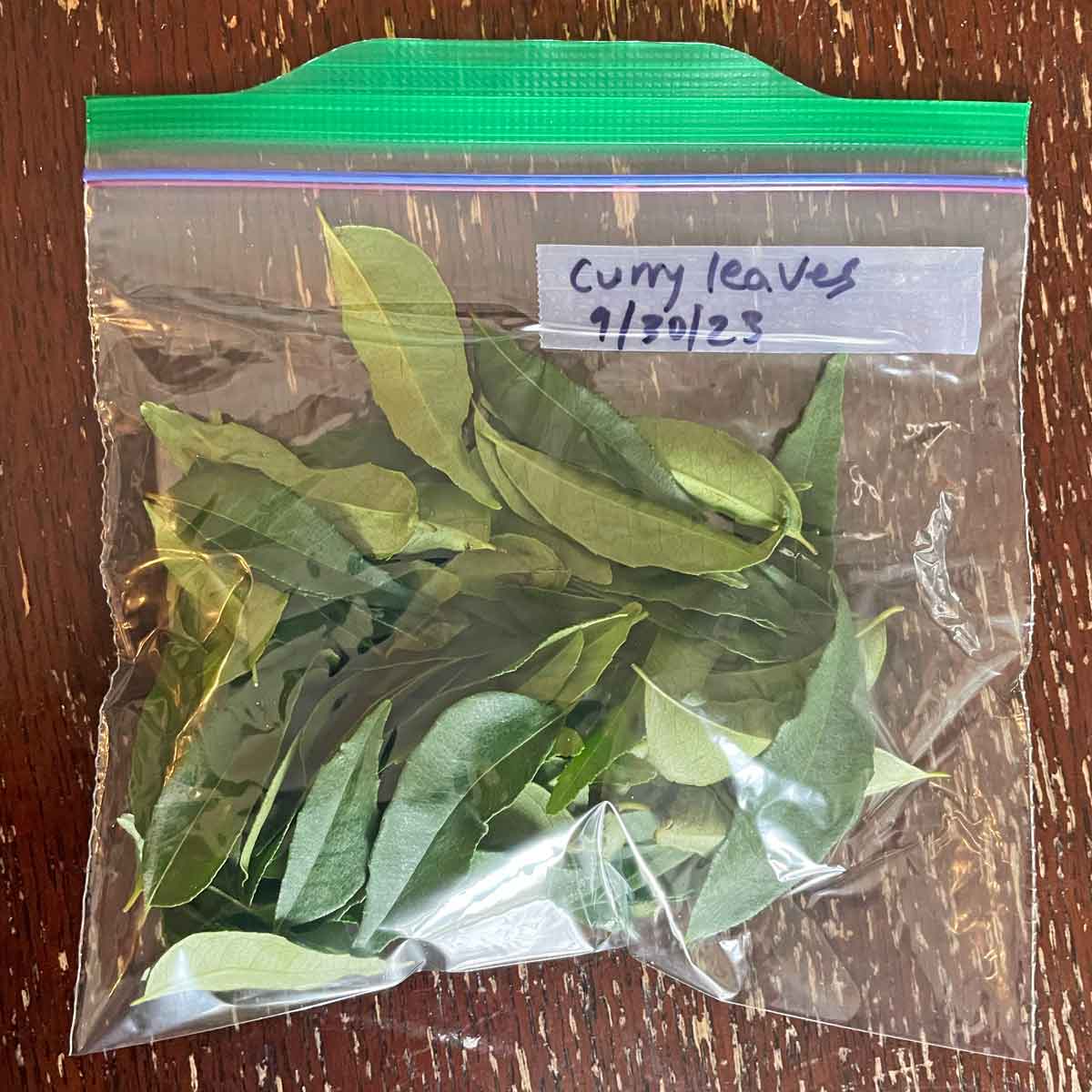 curry leaves in a ziplock bag.