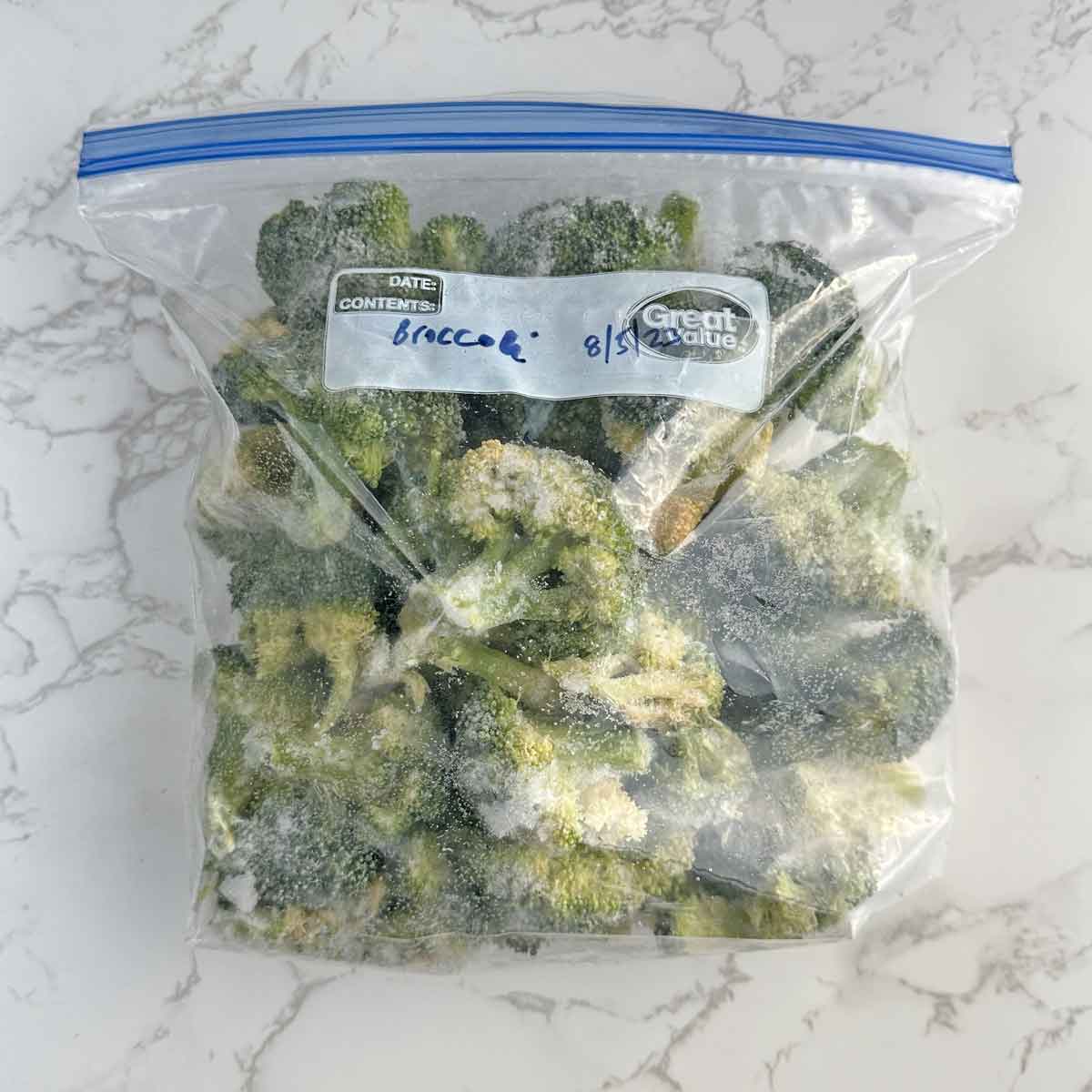 frozen broccoli florets in ziplock bag.