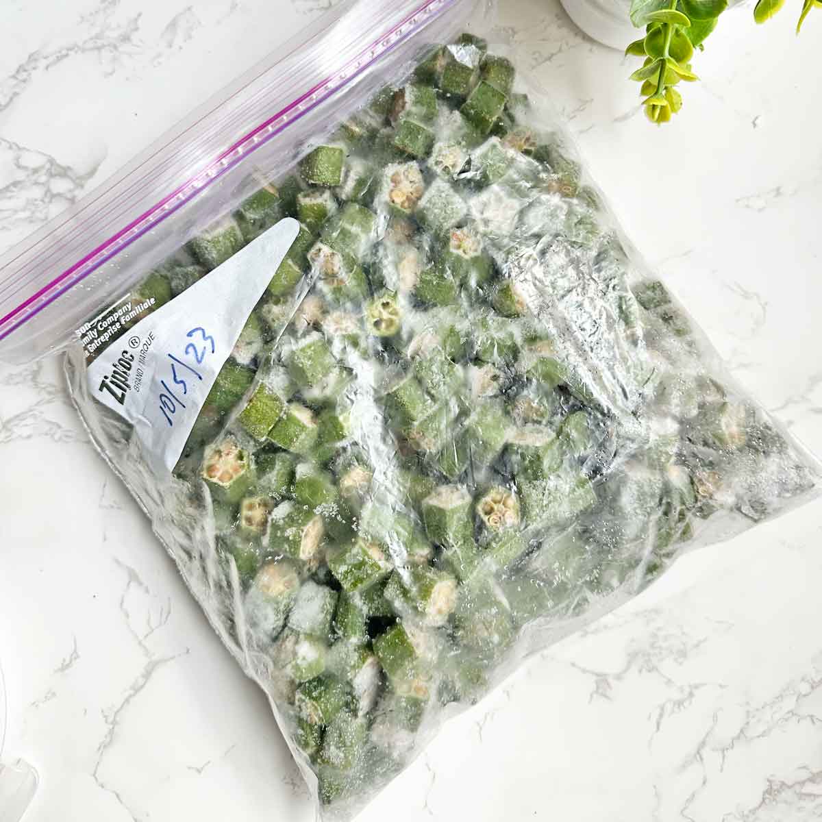 frozen okra in a ziplock bag.