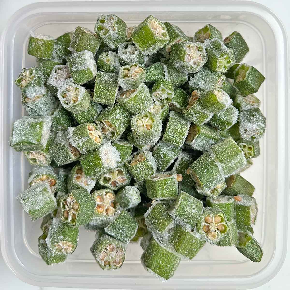 frozen okra in a container.