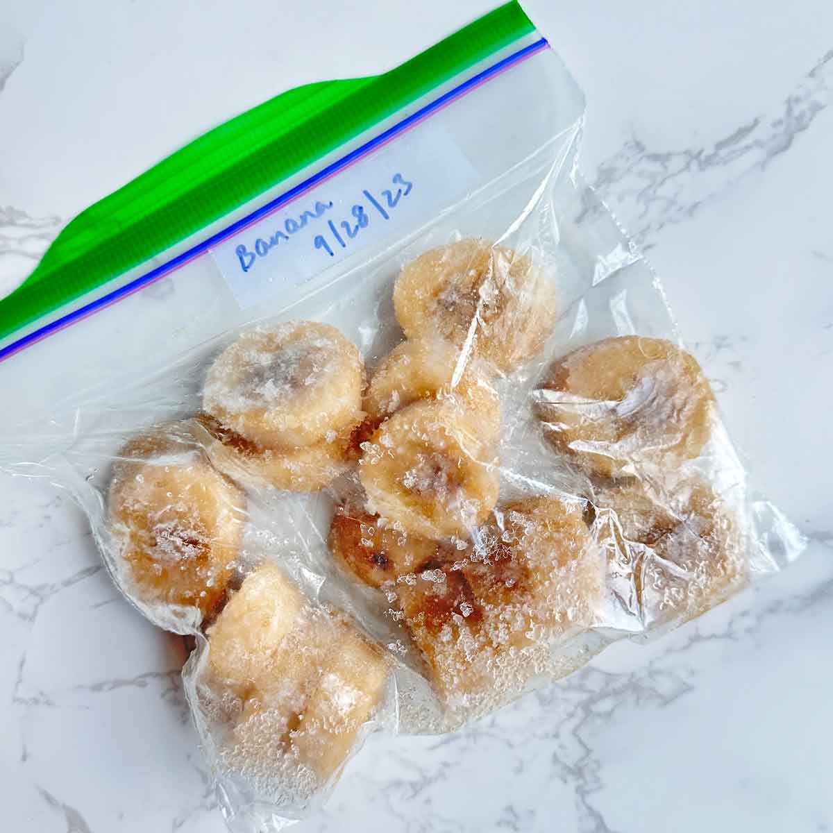 frozen banana pieces in a ziplock bag.