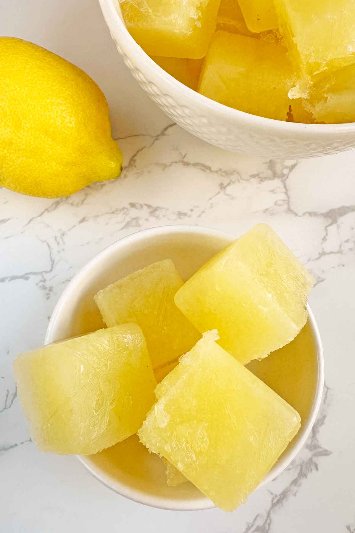lemon juice cubes in a bowl.